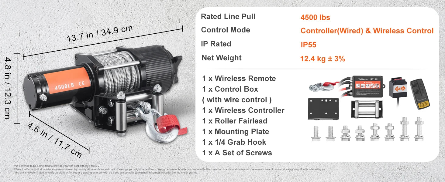 Verricello Elettrico da 4500 lb con Telecomando Wireless per ATV UTV Camion