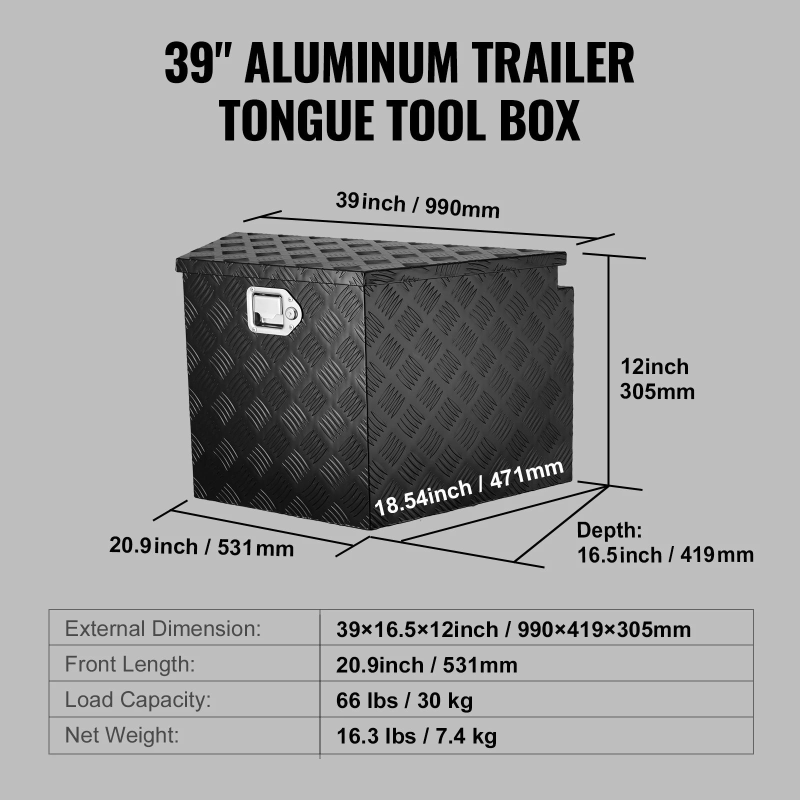 Coffre de rangement robuste en aluminium pour timon de remorque 33"