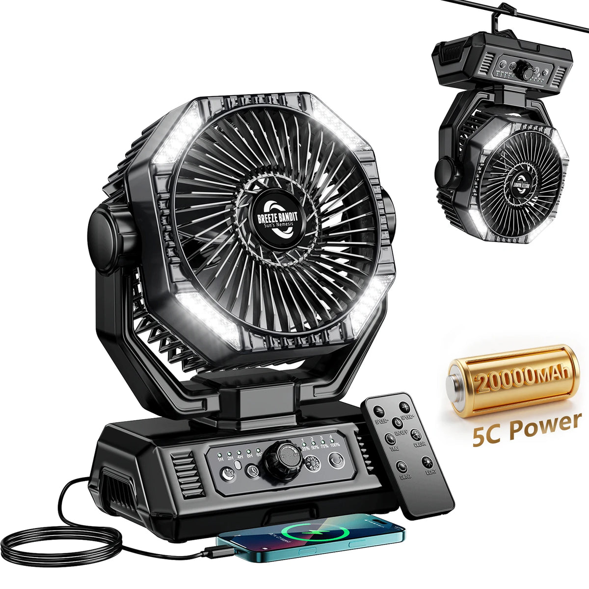 coldSky 20000mAh Camping Fan with 4 LED Lights and Remote Control 8 Speed Adjustable Rechargeable Outdoor Fan for Tent Fishing