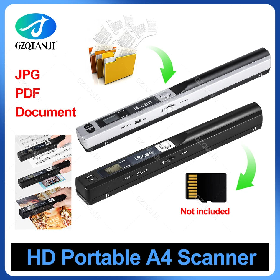 Scaner portabil A4 pentru documente cu stocare pe card de memorie