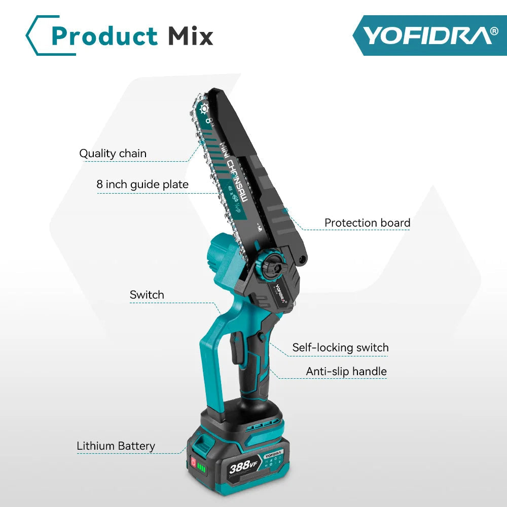 YOFIDRA 8 Inch Brushless Electric Chainsaw Cordless Rechargeable Garden Woodworking Cutting Power Tools For Makita Battery Pin