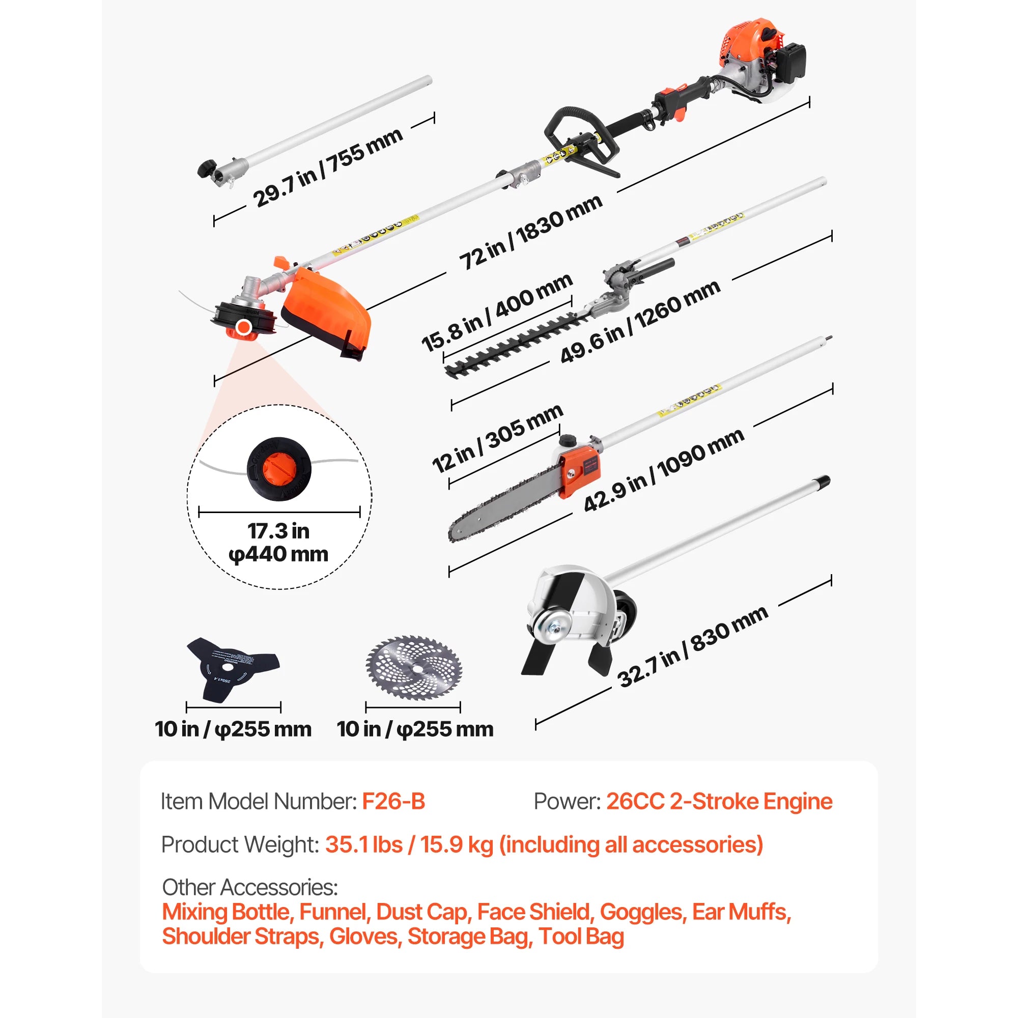 SucceBuy Gas Hedge Trimmer 2 Cycle Gas Power Handheld Hedge Trimmer Weed Eater with Protective Gear Set for Trimming Shrub Bush