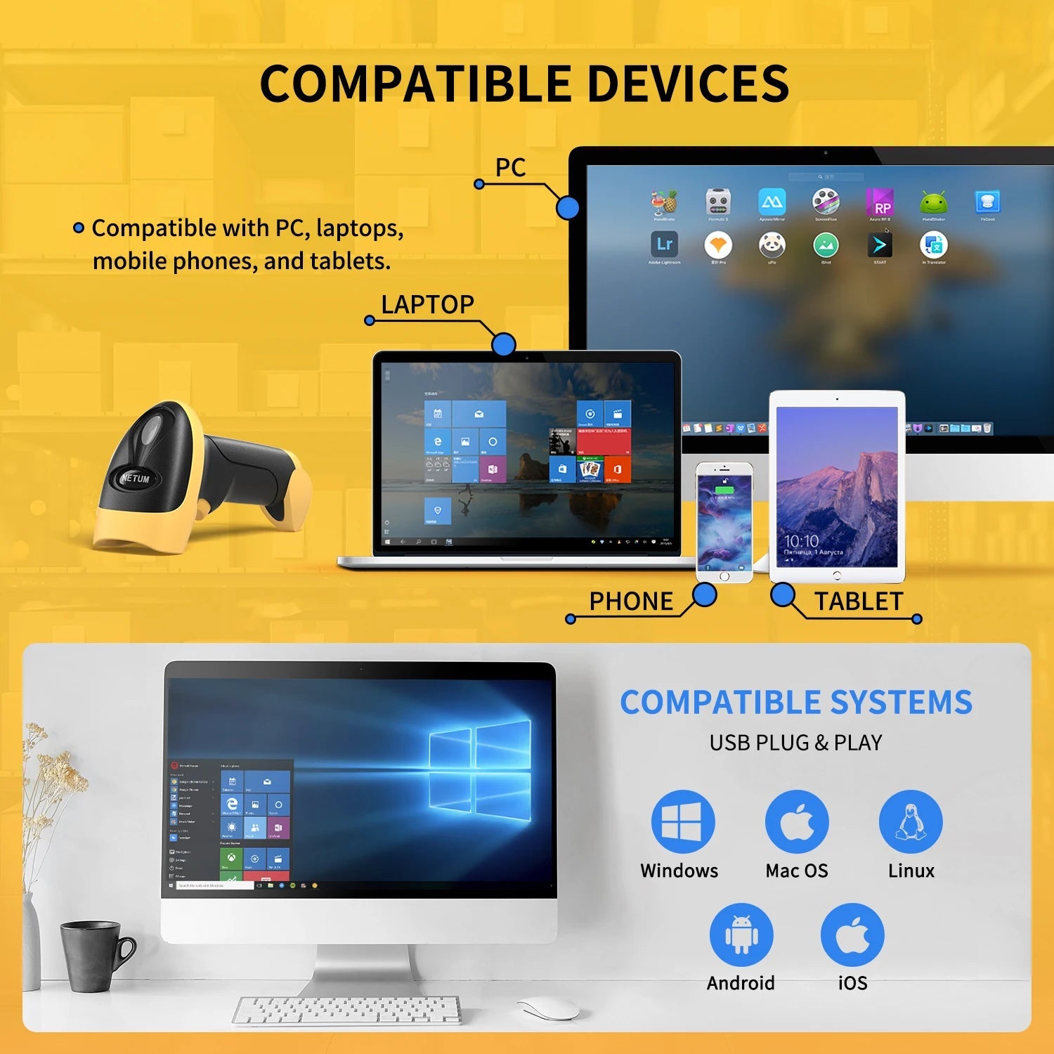 NETUM L8BL Blueooth Wireless 2D Barcode Scanner and L5 Wired QR Barcode Reader PDF417 Automatic Sensing for Pos Scanning