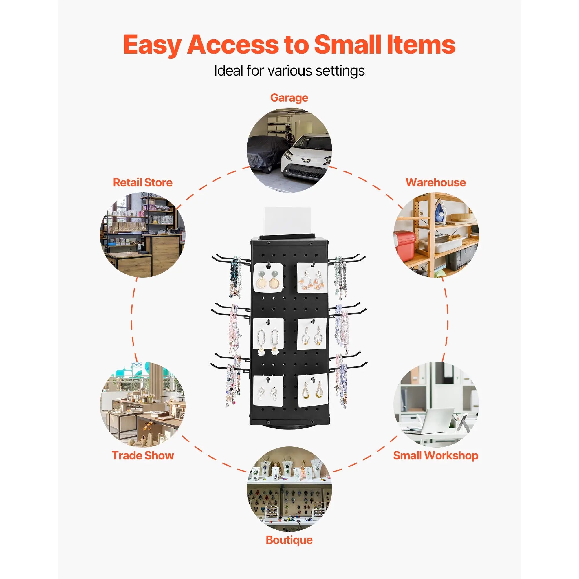 Support ROTATEUR SucceBuy - Panneau d’affichage rotatif à 4 côtés avec sélecteur en pegboard, présentoir à socles rotatifs avec 24 crochets pour magasin de bijoux et boutique de vente au détail