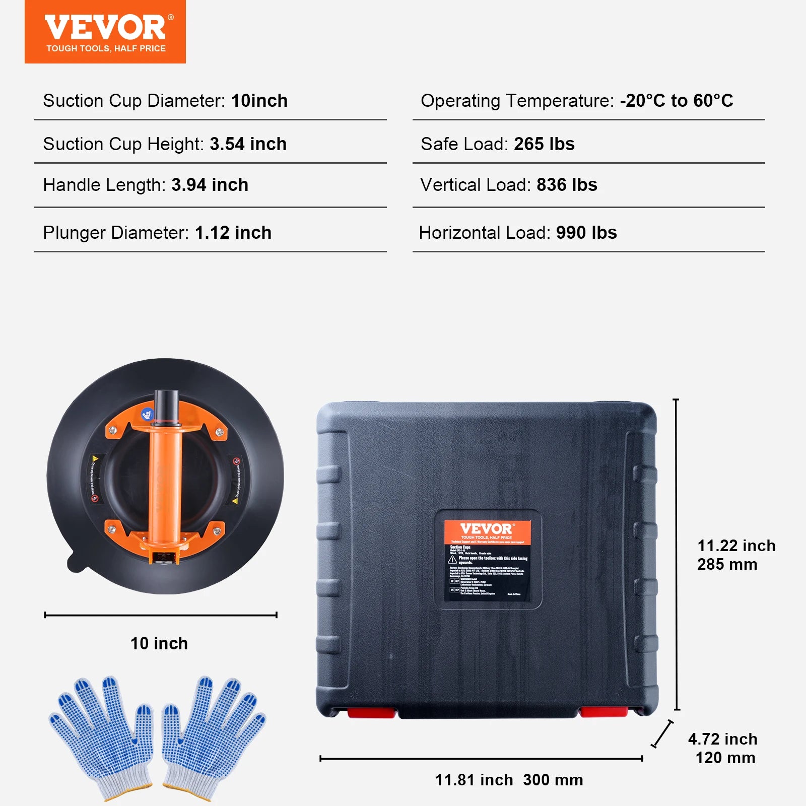 Glass Vacuum Suction Cup Lifter with Handle & Carry Case (8"/10")
