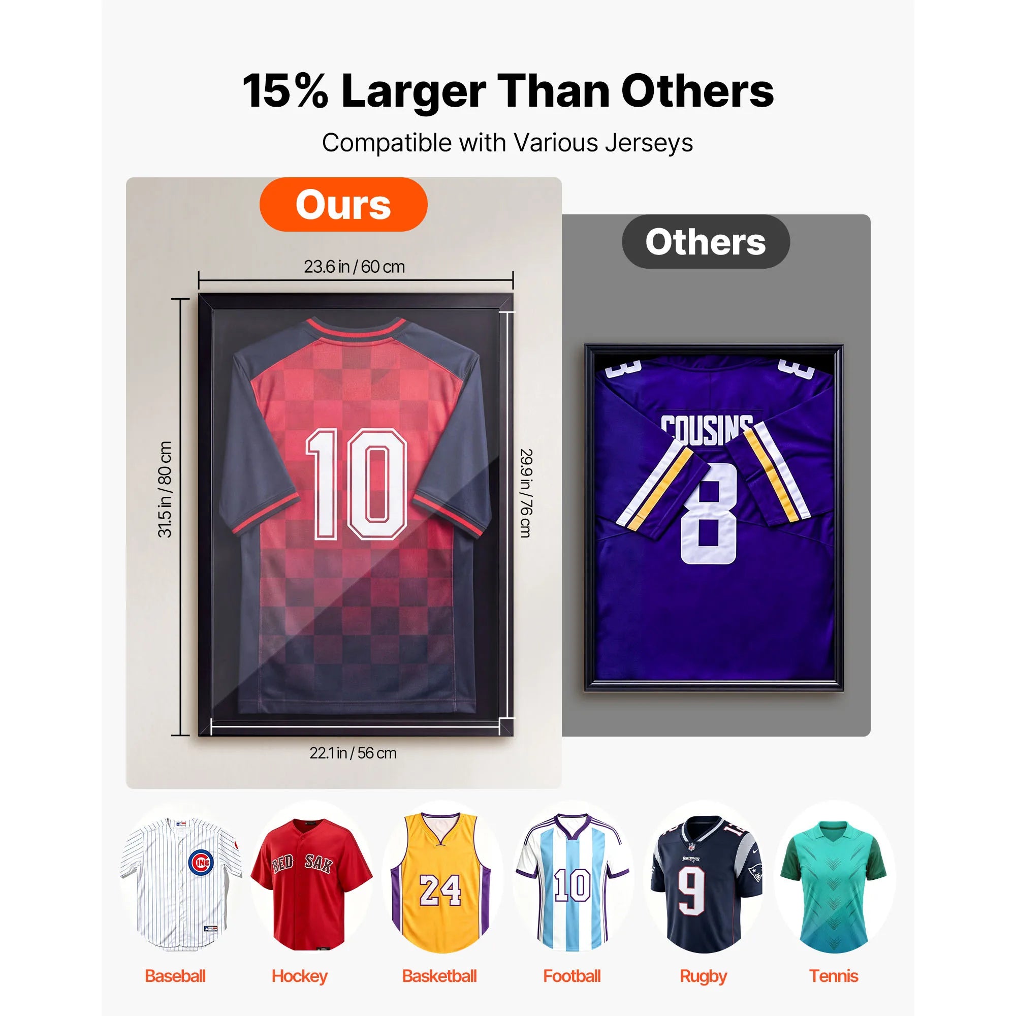 SucceBuy Jersey Frame Display Case, Wooden Sport Jersey Shadow Box with 98% UV Protection PC Panel and Hanger for Baseball Basketball Hockey Shirt Sport Uniform