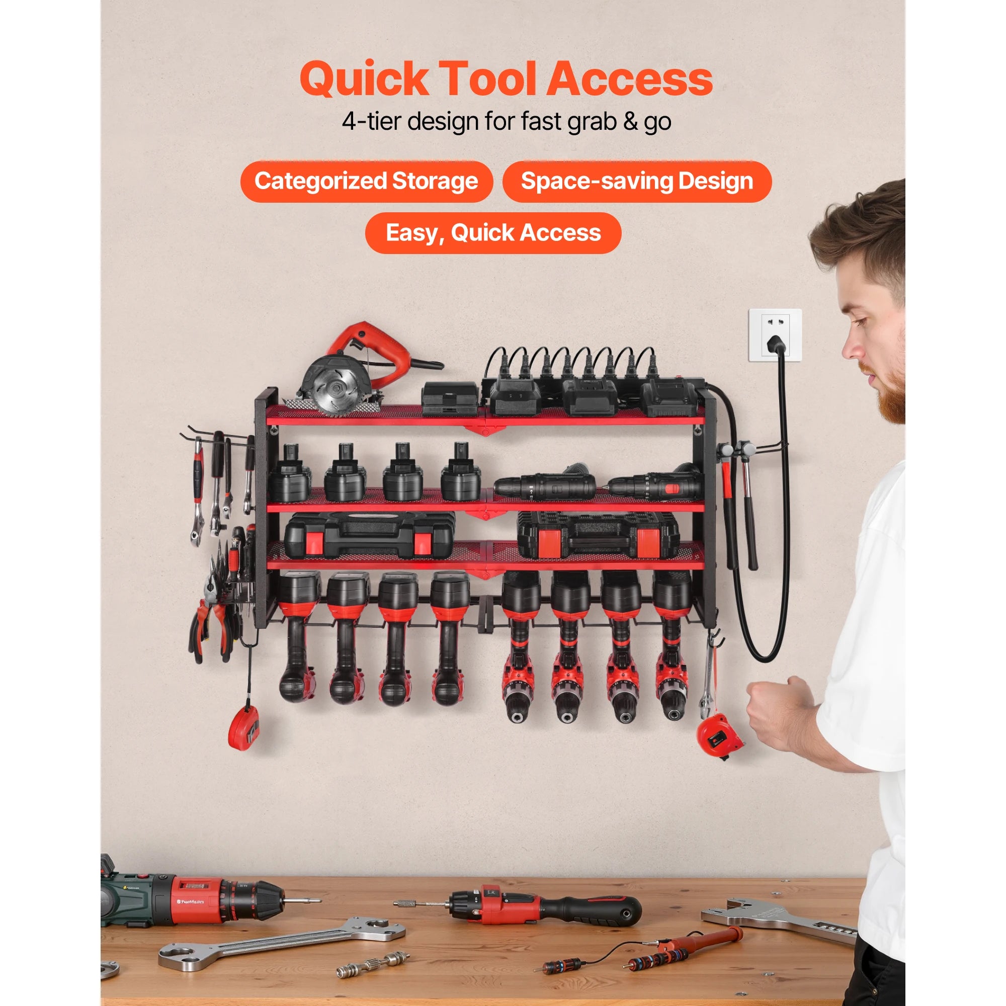 3-Tier Wall Mounted Power Tool Organizer with Charging Station