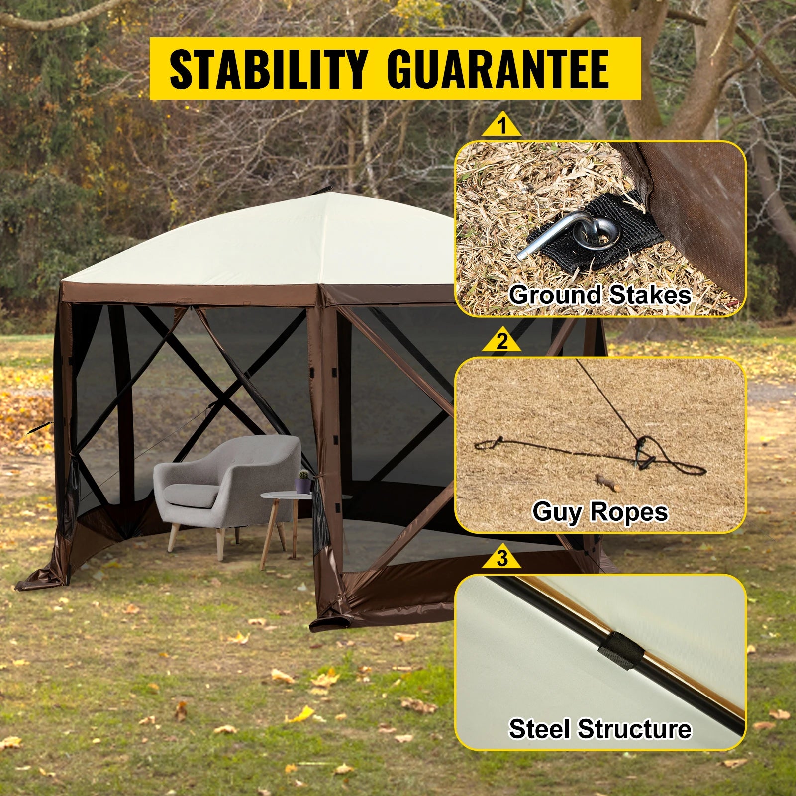 Tente de camping pop-up hexagonale avec moustiquaire et panneaux coupe-vent