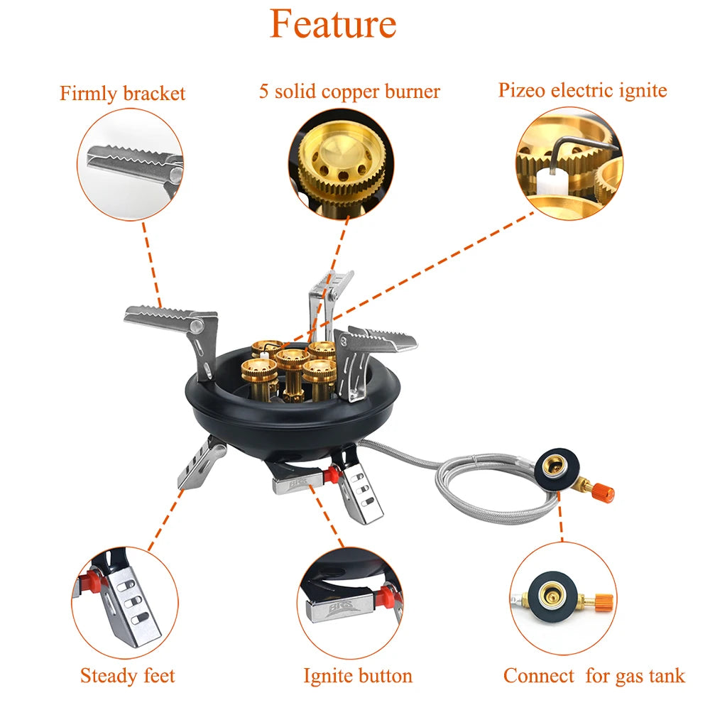 Five-Head Folding Camping Gas Stove with Piezo Ignition & Hose