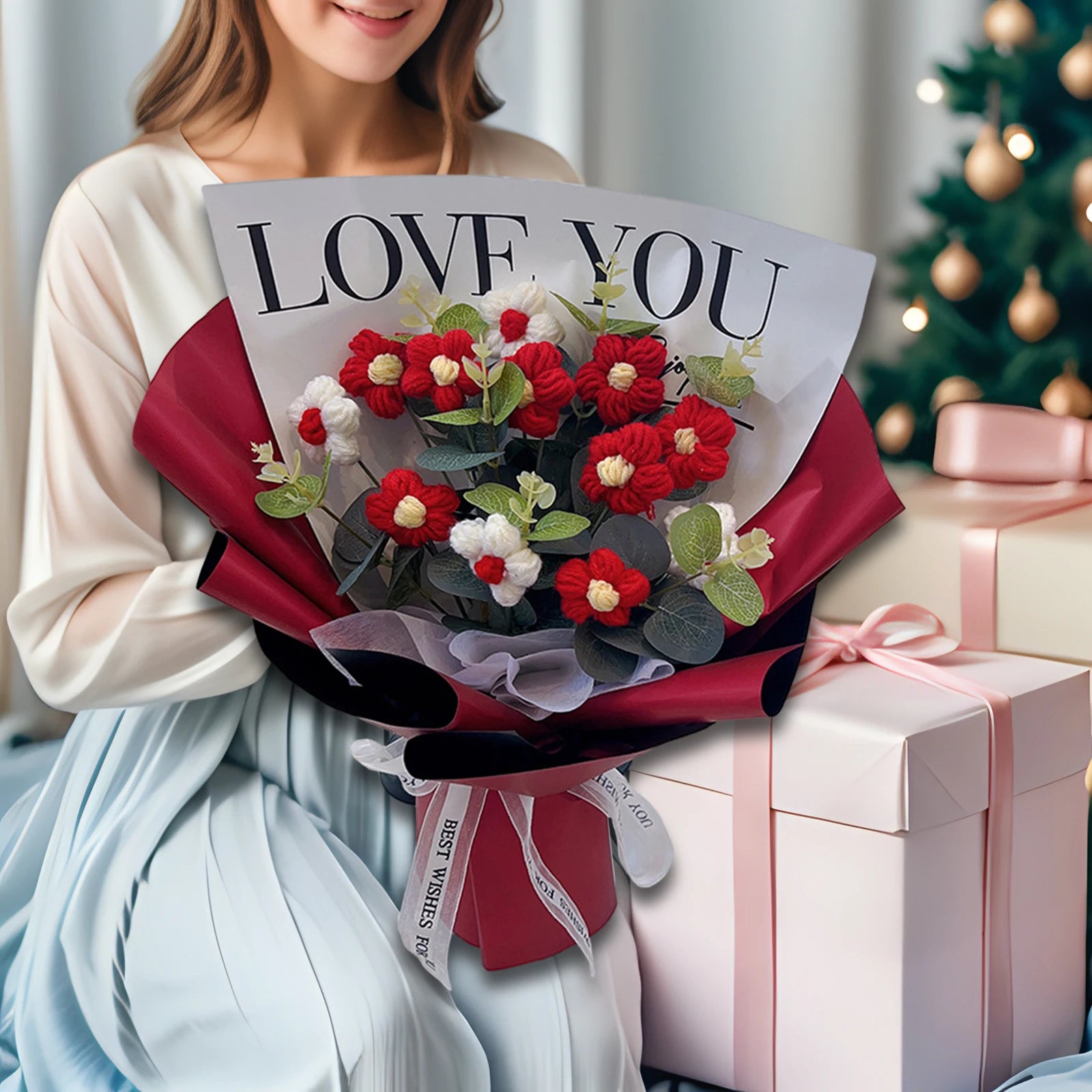 Handmade Crochet Flower Bouquet Knitted Floral Decoration