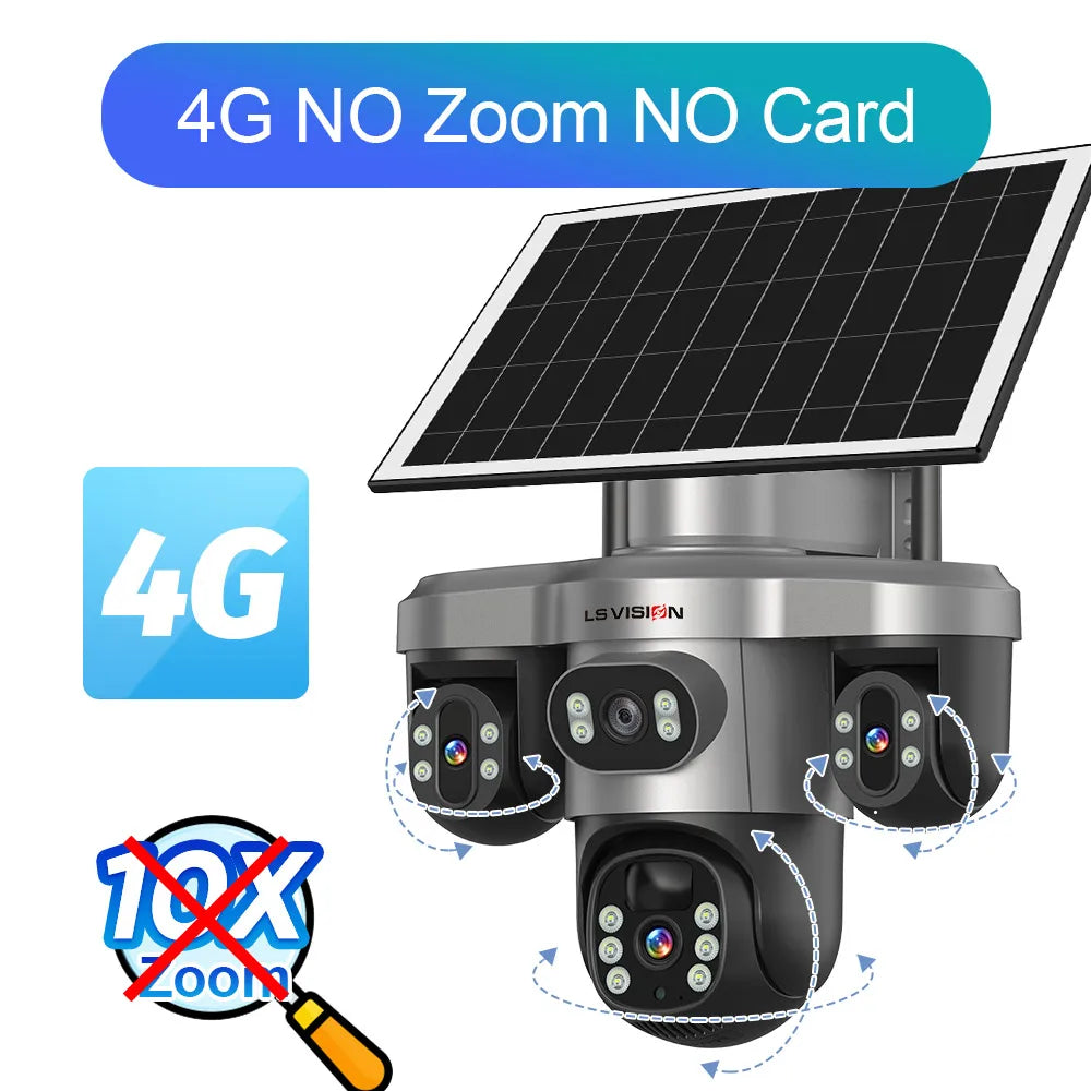 LS VISION 20MP 4 Lens Three Screen 4G Solar Camera Outdoor WiFi 10X Optical Zoom Auto Tracking Wifi Surveillance Camera V380 Pro