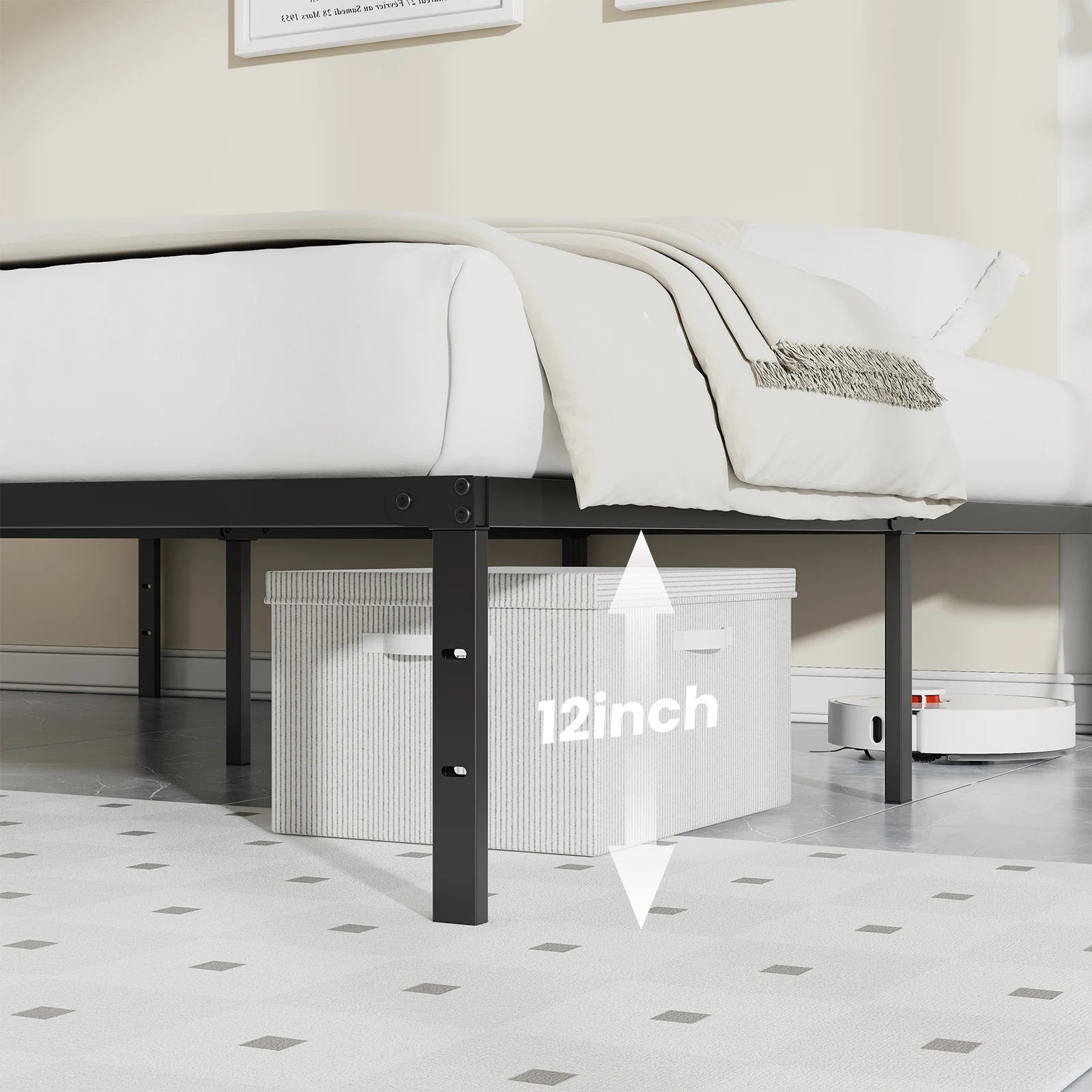 Metal Platform Bed Frame with 11.9in Storage & Steel Slats