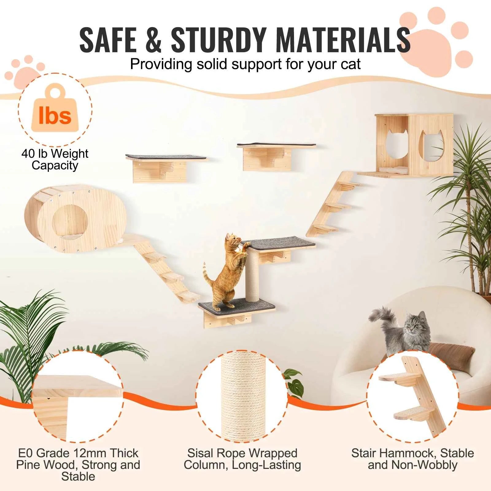 Wall Mounted Cat Shelves with Jumping Boards, Hammocks and Cat Tree