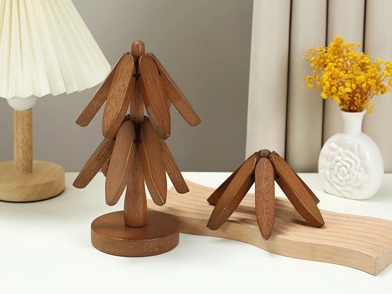 4PCS Bamboo Wooden Tree Design Stand Table Mat Coaster Wood Placemats Pot Trivets Decorative Anti Scald Heat Resistant