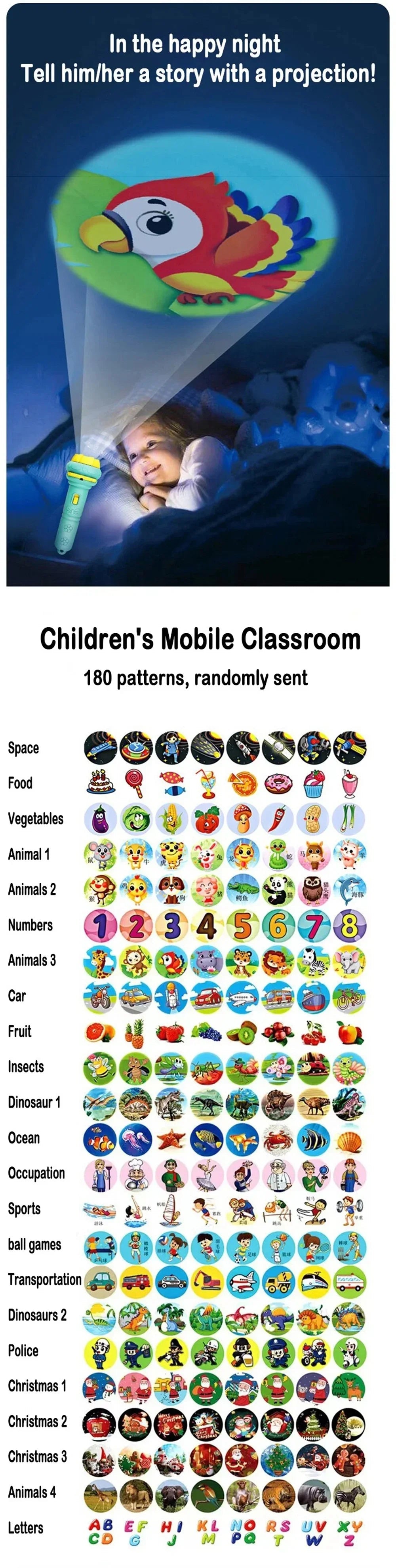 Kids Story Projector Toy - 10Pcs Image Cards, Bedtime Picture Flashlight for Wall Projection Play