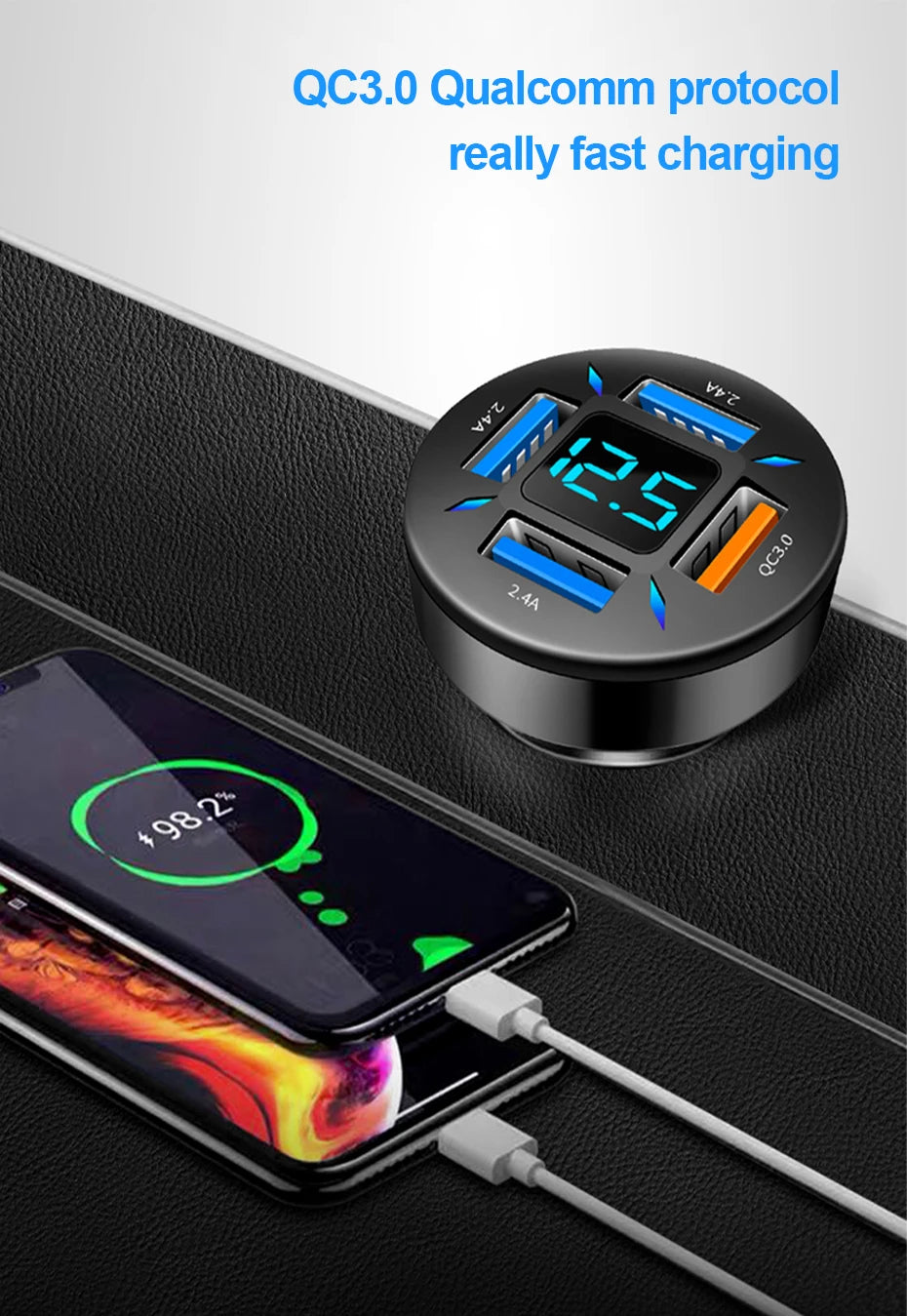 66W Car Charger Quick Charge Cigarette Lighter Adapter 4-Port USB A+USB C Fast Charging Phone Charger for iPhone Xiaomi Samsung