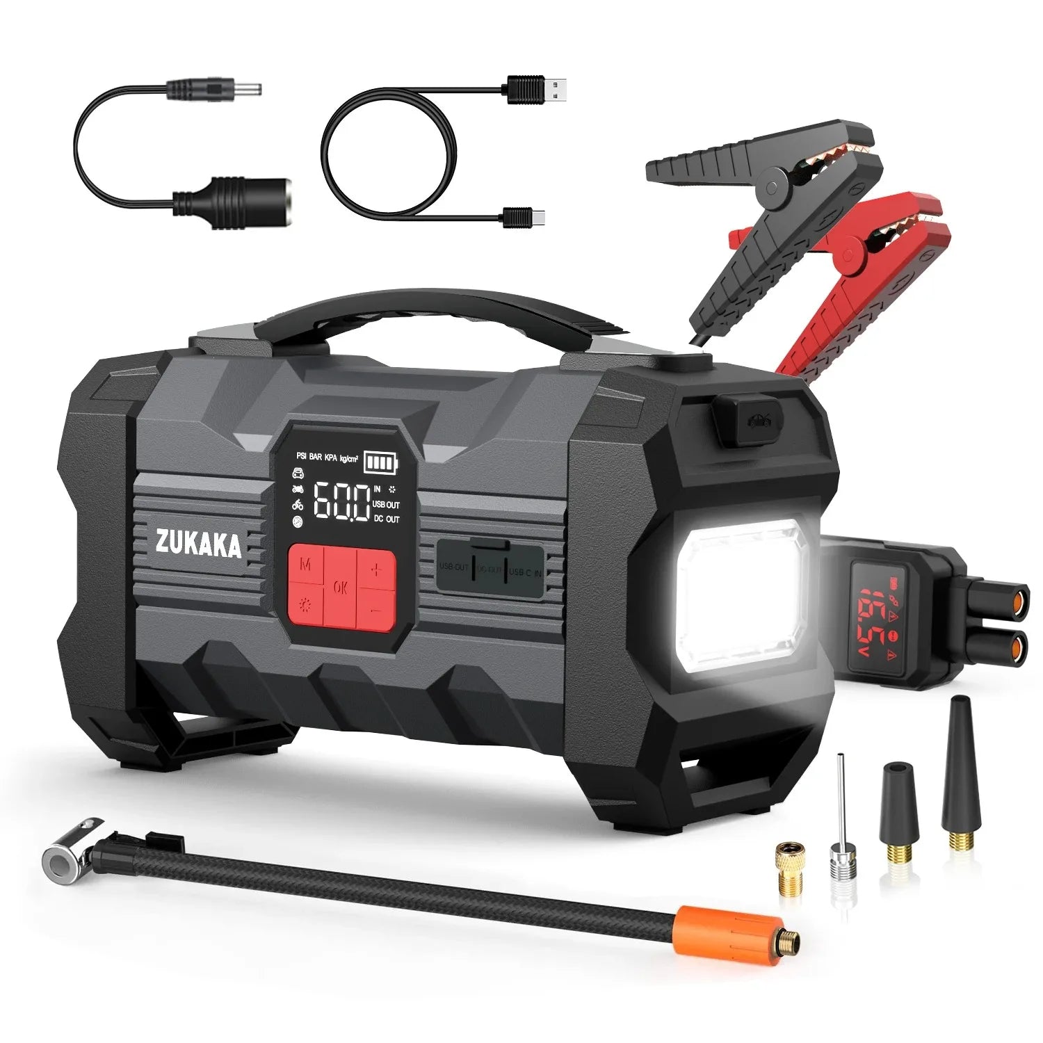 26800mAh Jump Starter with Air Compressor 1000A/1500A PEAK Booster Tyre Inflator Portable Car Battery Power Bank Charger Air Pump,with LCD Display, Jump Starter Power Bank (All Gas/ 8.0L Diesel), LED Light, Design for Cars,