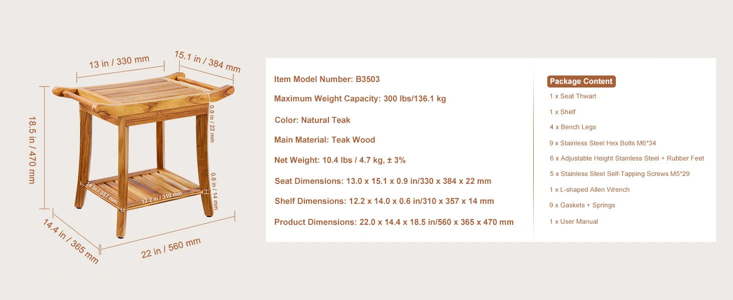 Bamboo Shower Bench with Storage Shelf 330lb Capacity Stool