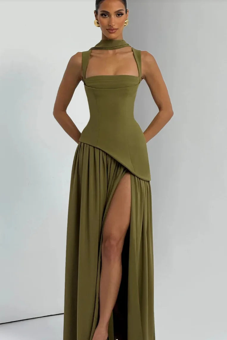 Women's Ruched Maxi Dress with Scarf, Spaghetti Strap Slit