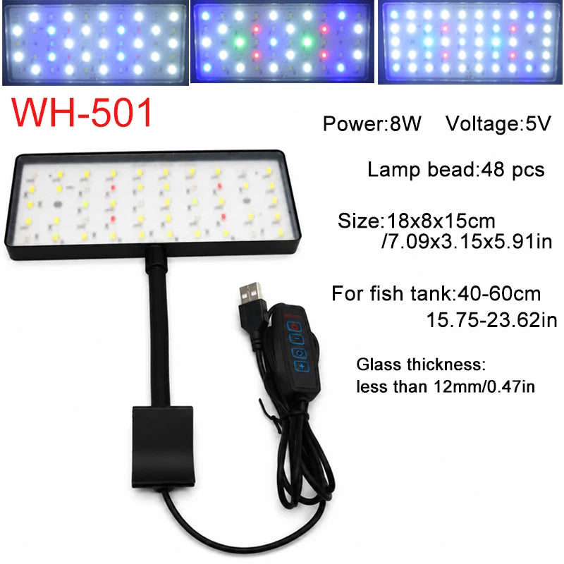 USB Aquarium LED Light Full Spectrum Aquatic Plant Grow Lamp Fish Tank Adjustable Brightness Dimmable 360° Rotatable Light 8W