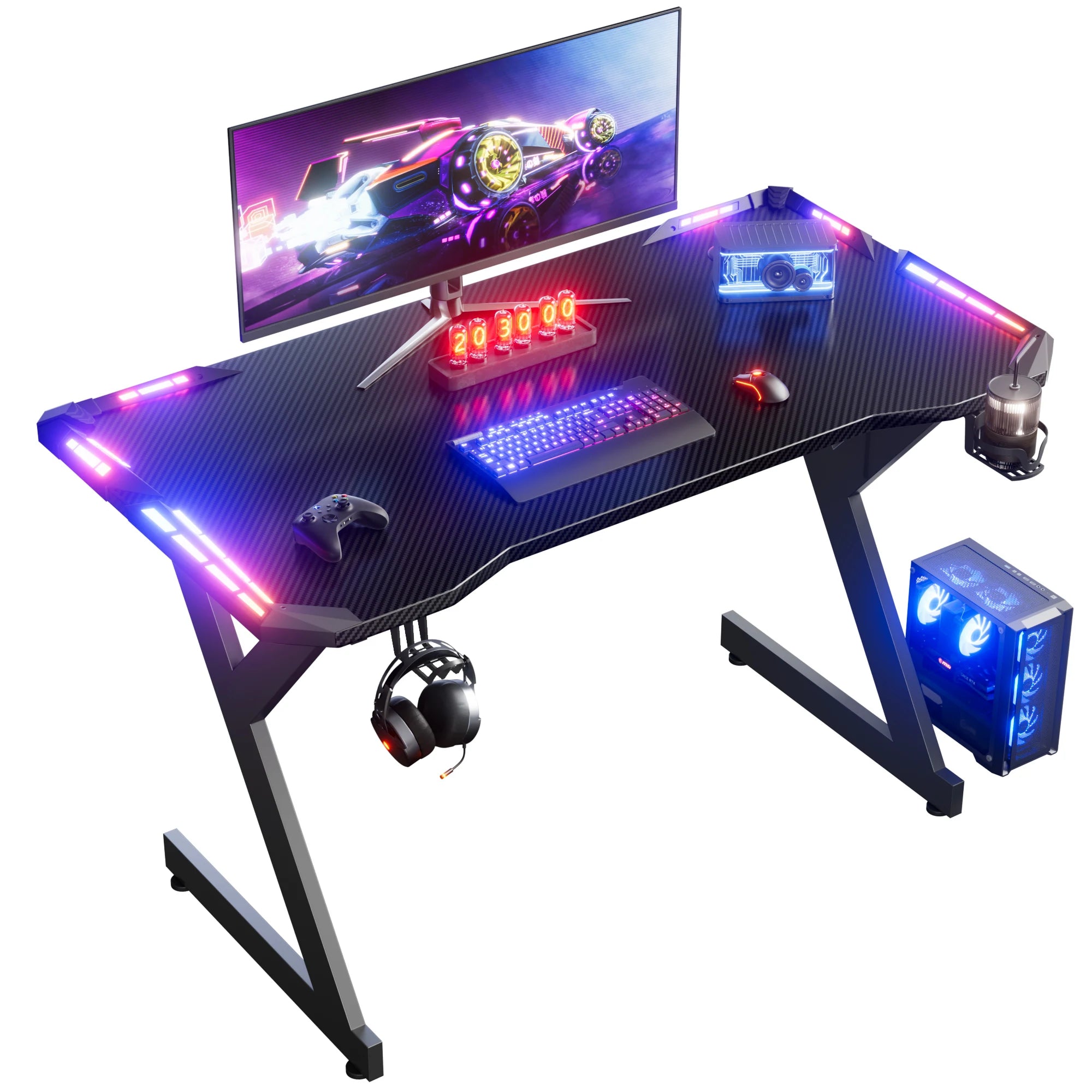 Y-Shaped RGB Gaming Desk with Cup Holder and Headphone Hook