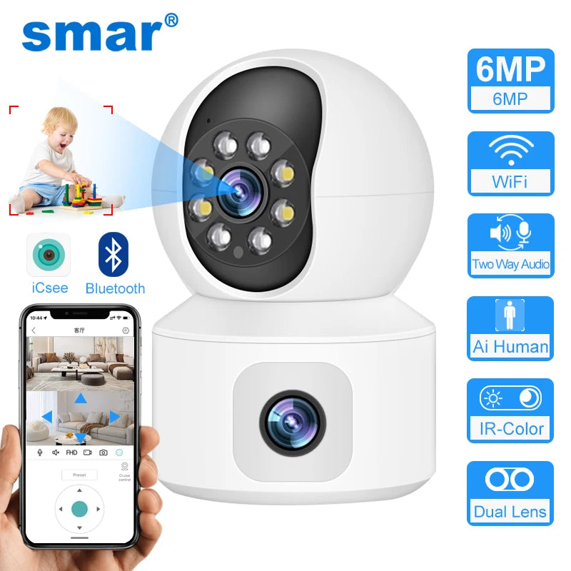 Caméra de sécurité WiFi à double objectif 6MP avec suivi automatique et audio