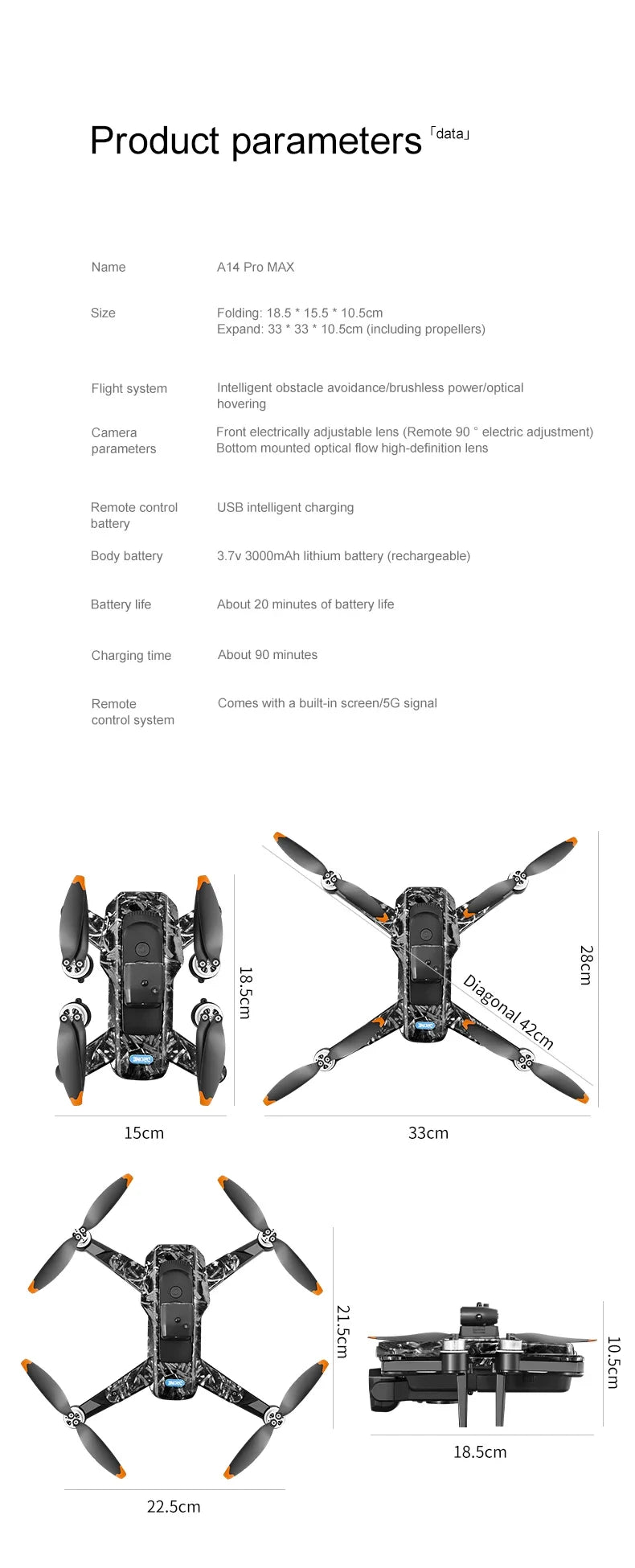 For Genuine A14 Pro Max GPS Brushless 8K Three Camera Obstacle Avoidance Foldable Quadcopter RC with screen Distance Drone Toys