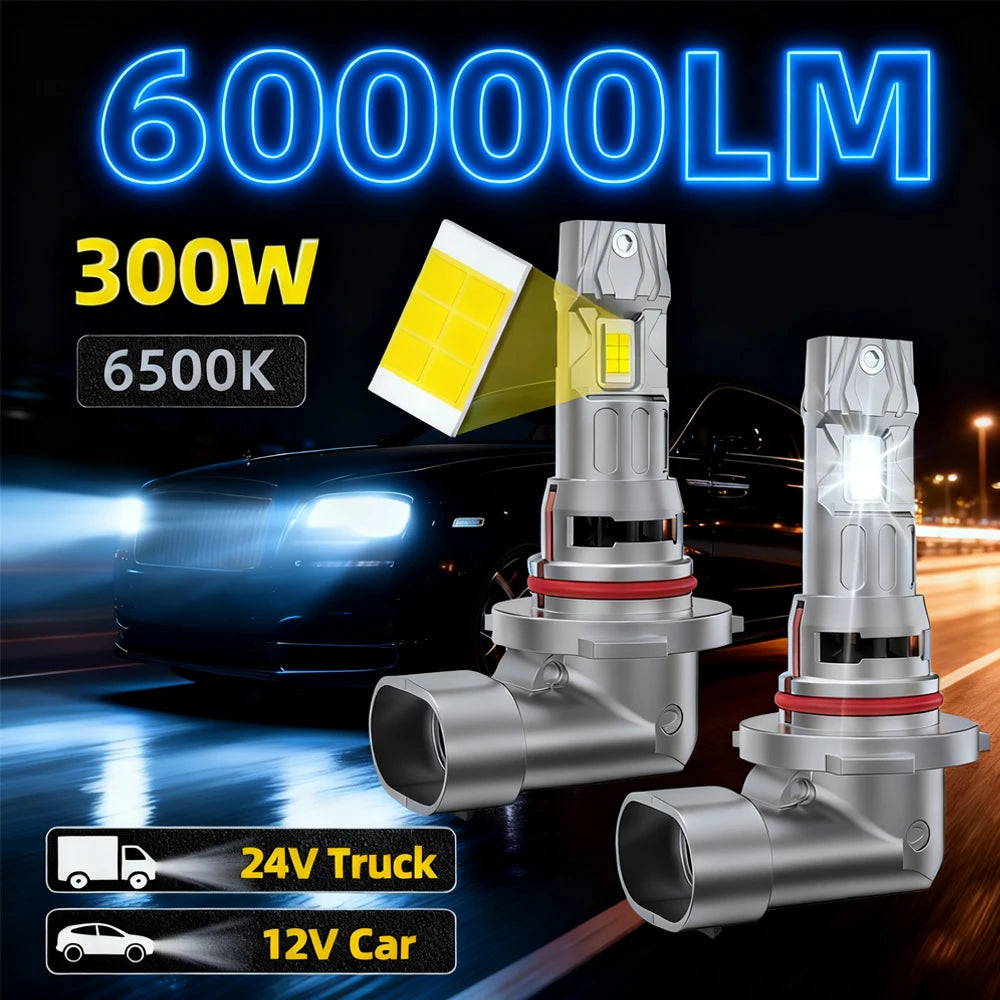 Auton LED-ajovalopolttimo 9005 HB3 6000K valkoinen 300W 60000LM erittäin kirkas lähi- ja kaukovalo, autojen sumuvalo, plug and play 12V 24V