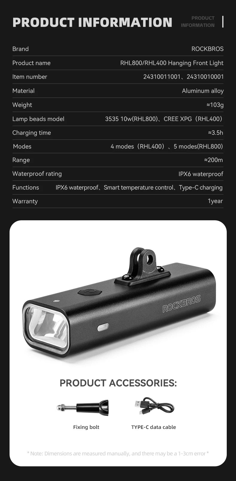 Bike Front Light 400/800LM USB-C Rechargeable IPX6 Aluminum