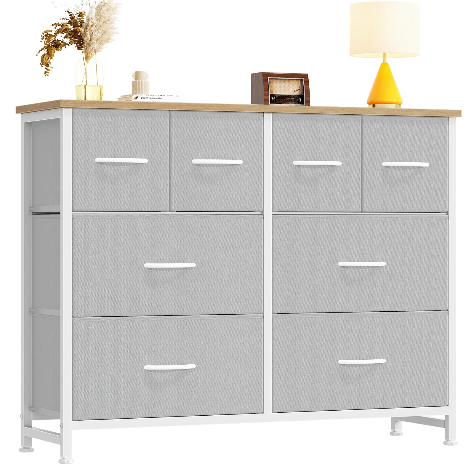 8 Drawer Fabric Dresser TV Stand with Wood Top & Metal Frame