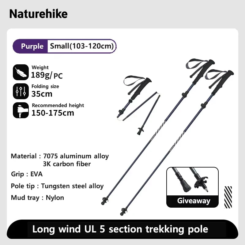 Carbon Fiber Trekking Poles Adjustable 103–135cm Ultralight Hiking Sticks