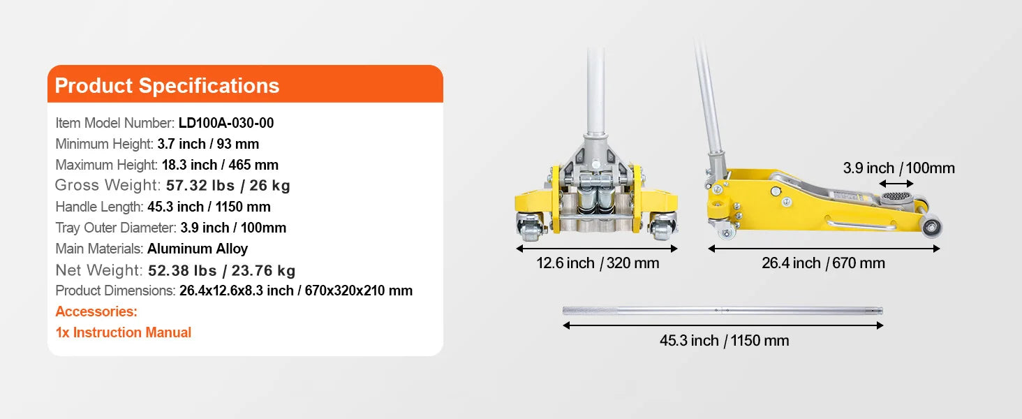 3 Ton Lage Profiel Aluminium Krik met Dubbele Pomp Hefmechanisme