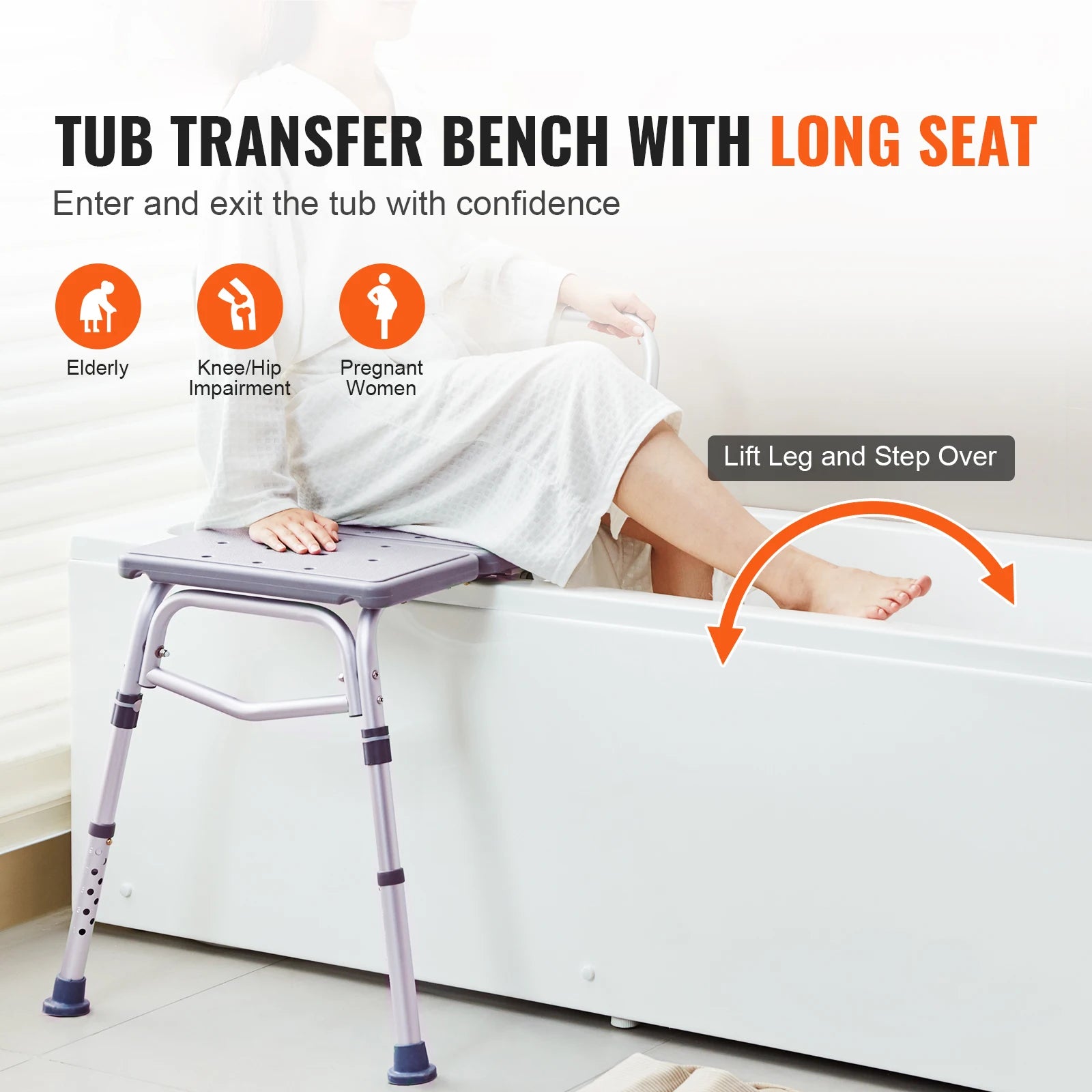 Tub Transfer Bench with Backrest & Armrest, Adjustable Non-Slip Shower Seat