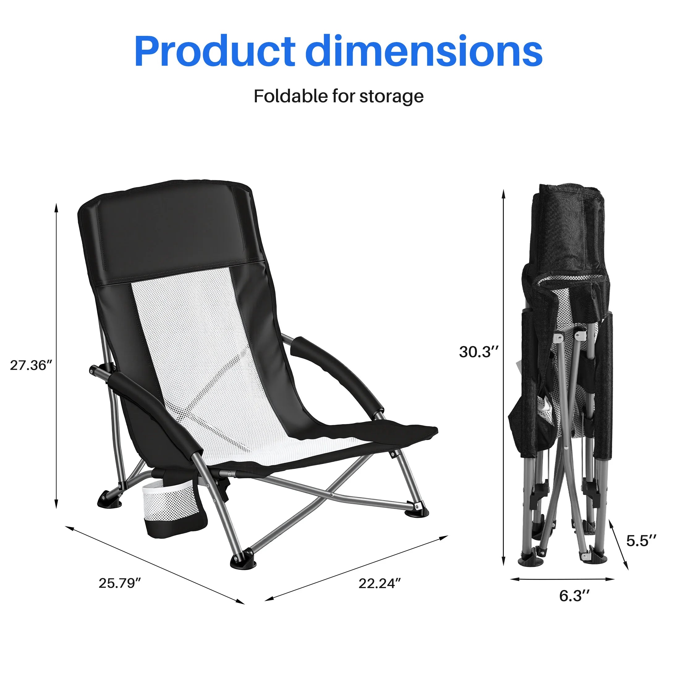 Low Folding Beach Chair with Mesh Back, Cup Holder & Armrests