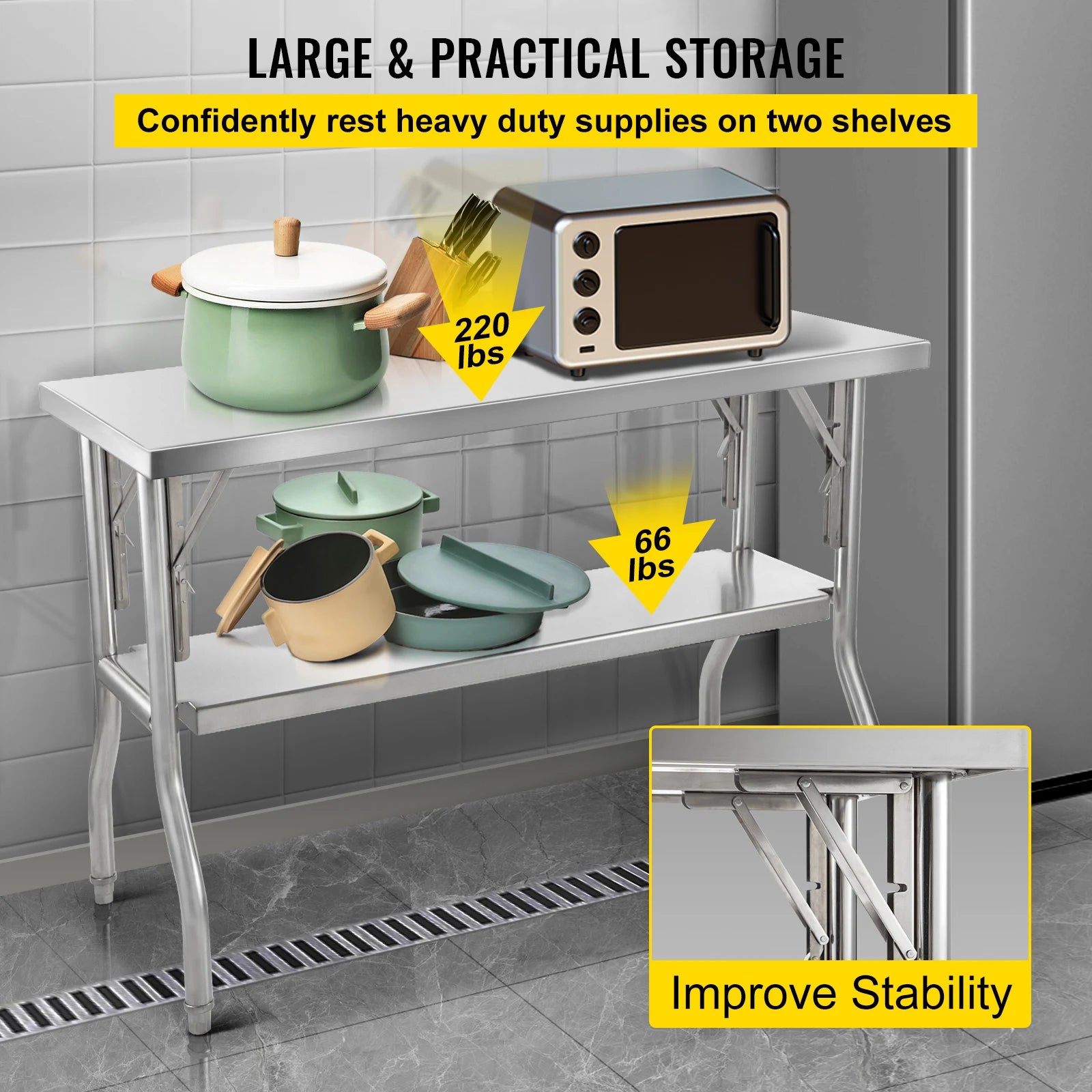 Folding Stainless Steel Work Table with Undershelf 48x24 Inch