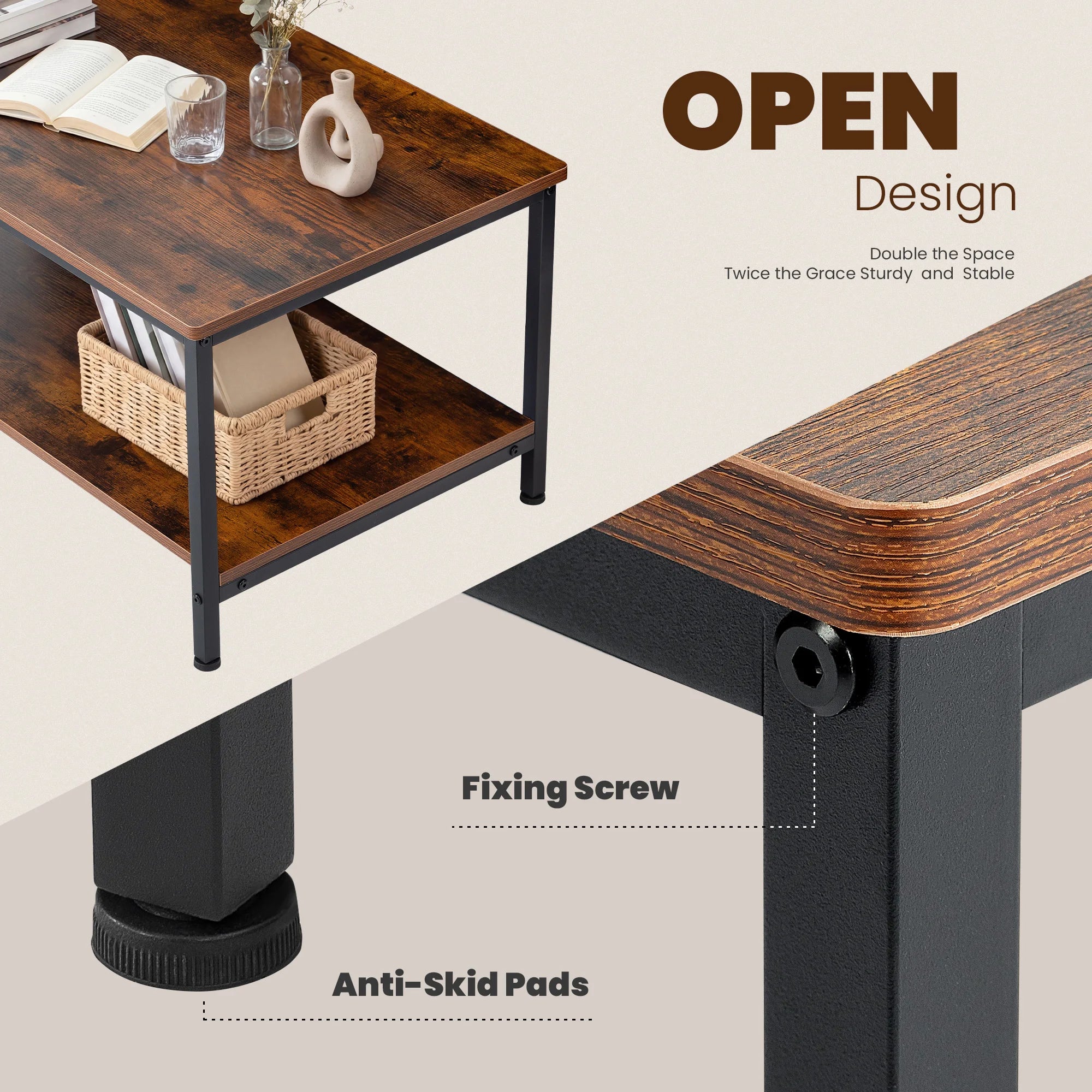 31" Wood Coffee Table with 2-Tier Storage Shelf for Living Room