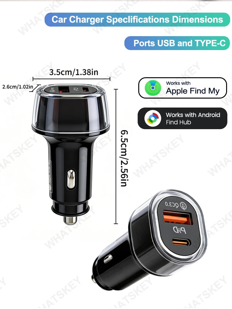 Car Charge GPS Locator Tracker 30W USB Phone Charger Fast Charging Type C QC3.0 Works with iOS Find My APP,Google,Android