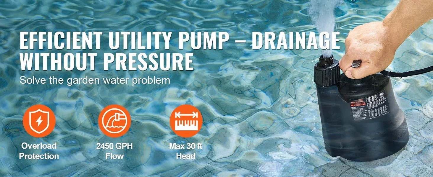 Pompe utilitaire Succ eBuy 1/3 HP 2450 GPH Débit élevé Tête de 30 pieds Pompe de puisard submersible Pompe à eau Câble d’alimentation de 10 pieds pour l’évacuation d’eau