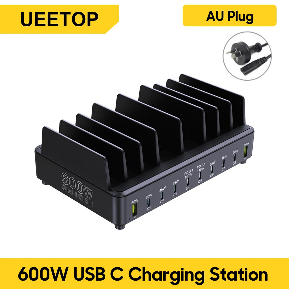 600W 10-Port GaN Fast Charging Station PD 3.1 USB-C Desktop Charger