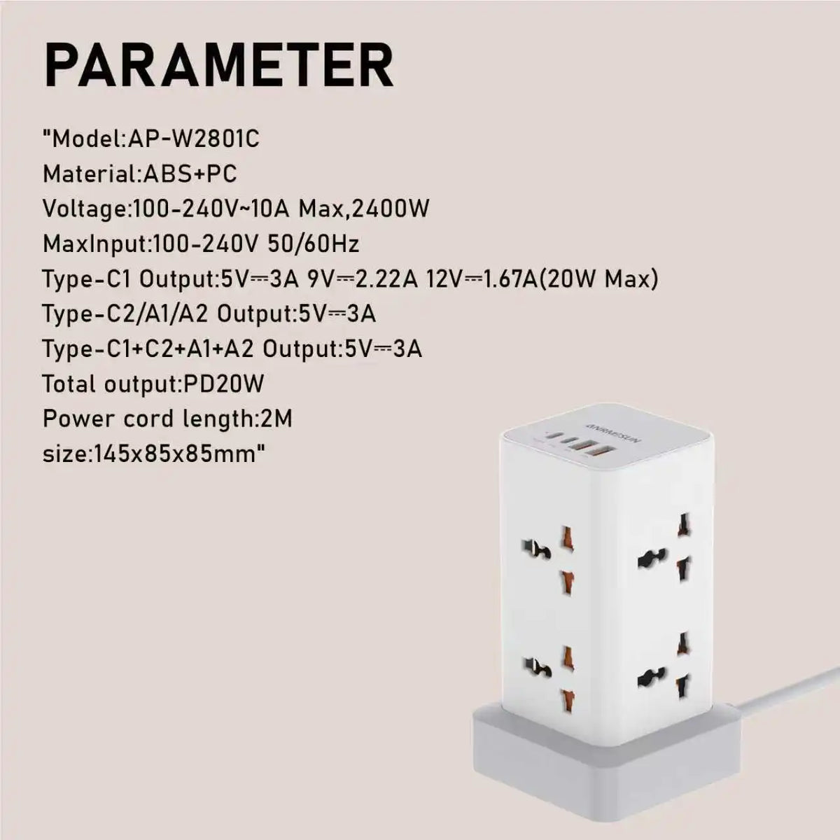 Tower Extension Power Strip with USB-C