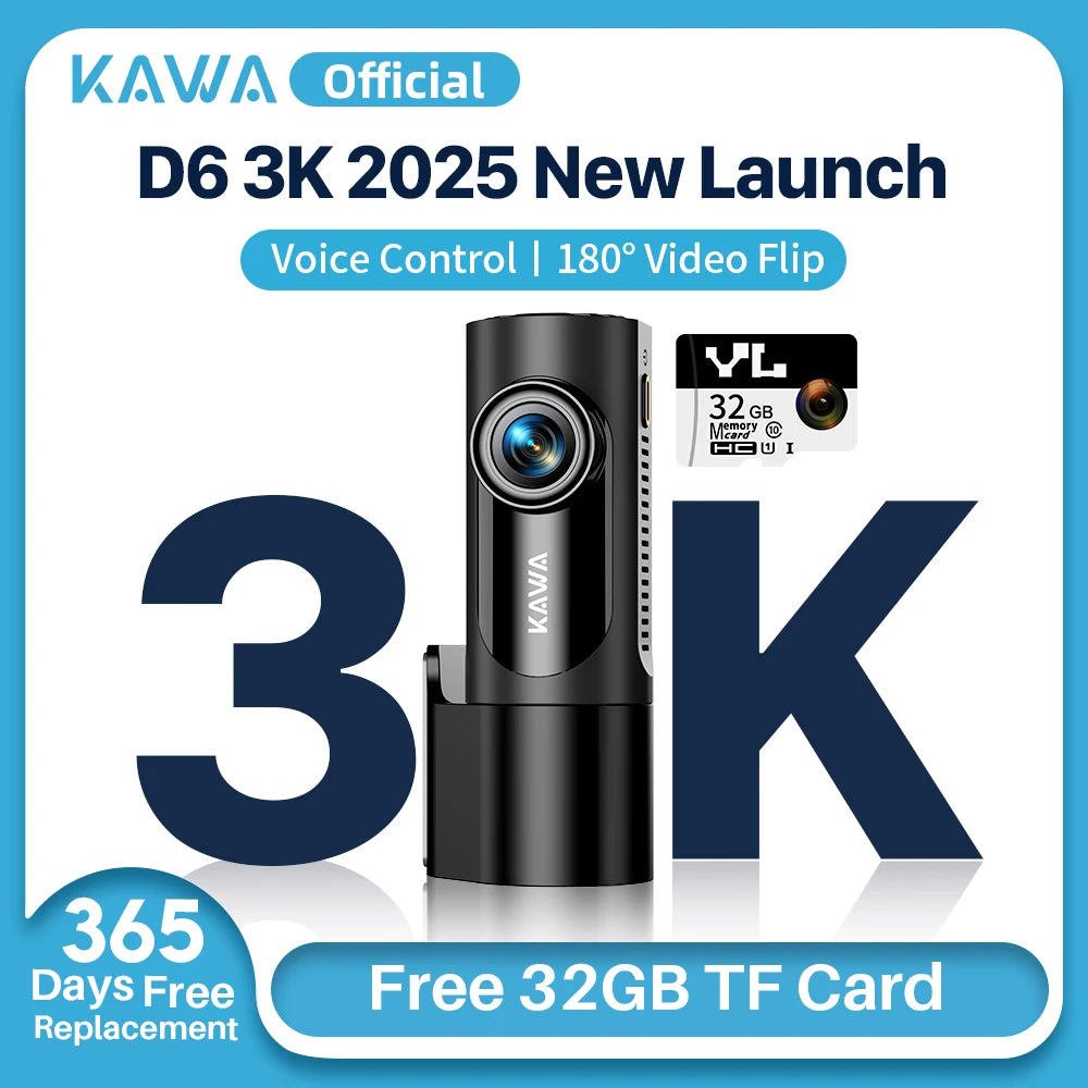 Dash cam KAWA D6 3K Video Recorder Car Dash Camera for AUTO, Car DVR Voice Control,Night Vision Dashcam Upgrade