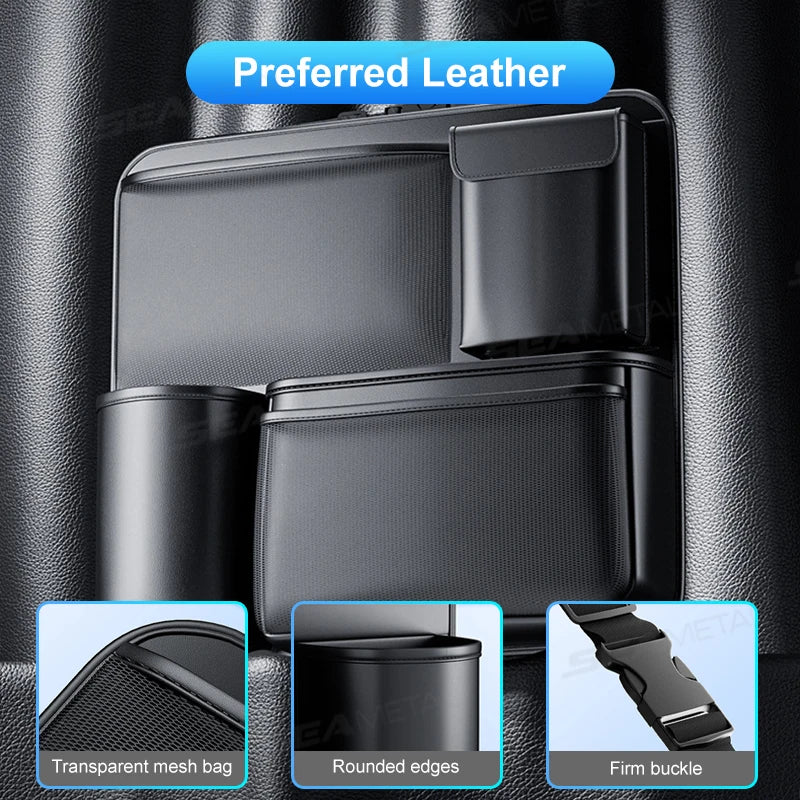 SEAMETAL SUV/MPV Trunk Storage Bag Wear-Resistant PU Leather Car Organizer Hook-and-Loop Fastener Auto Seat Back Storage Pouch