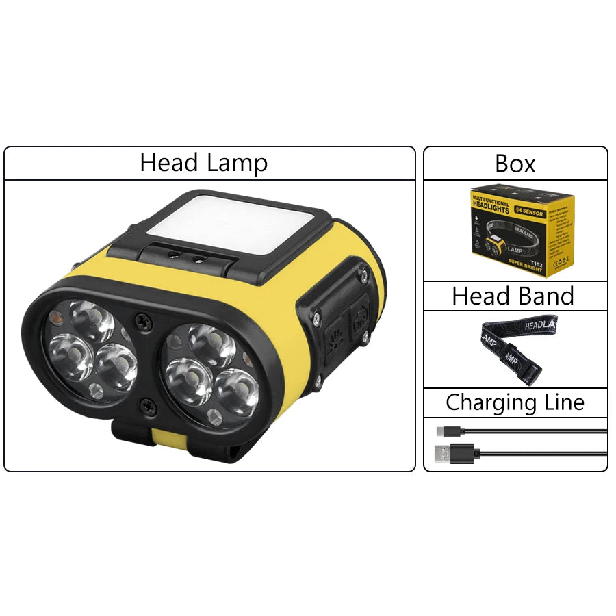 LED Headlamp Smart Sensor Cap Clip Light TPYE-C Rechargeable Flashlight With Power Display Riding Fishing Camping Outdoor Torch