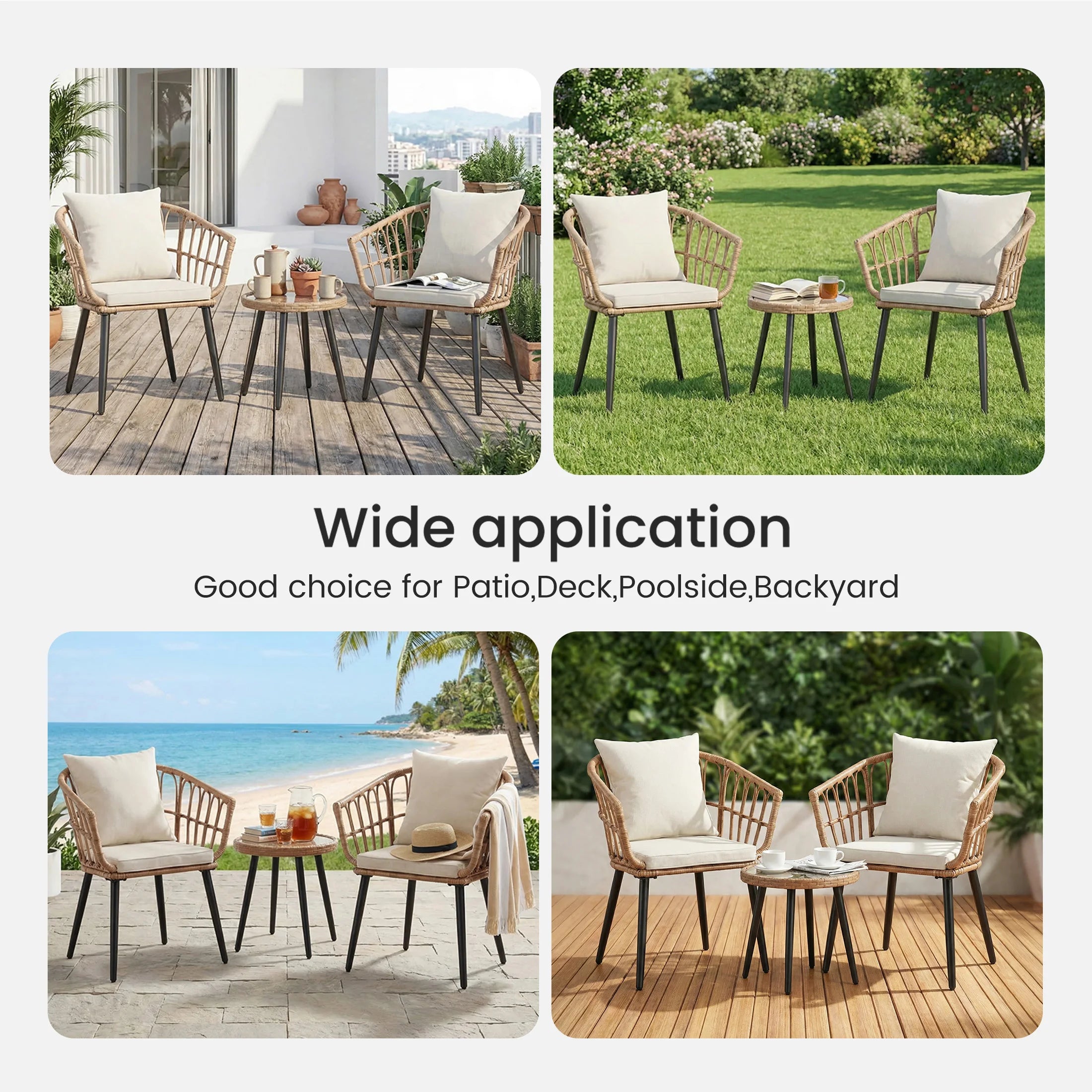 Set da esterno JHK 3 pezzi in vimini con cuscino morbido e tavolo con struttura in acciaio e vetro, sedie da patio intrecciate a mano per giardino e prato