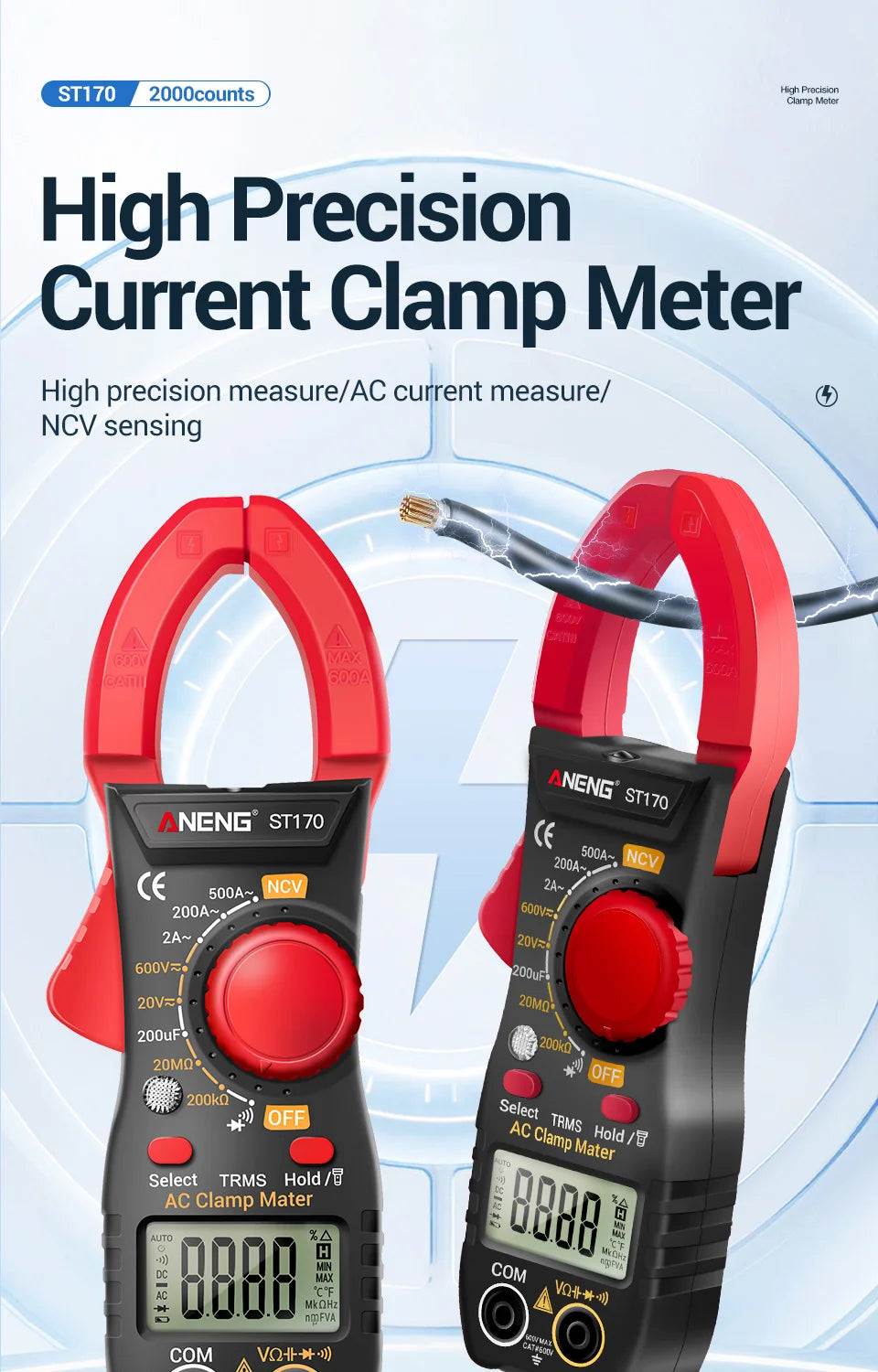Clamp Meter Digital Multimeter NCV 1999 Counts AC/DC Voltage Ammeter Tester ANENG ST170 Capacitance Ohm Electrician Tester Tools