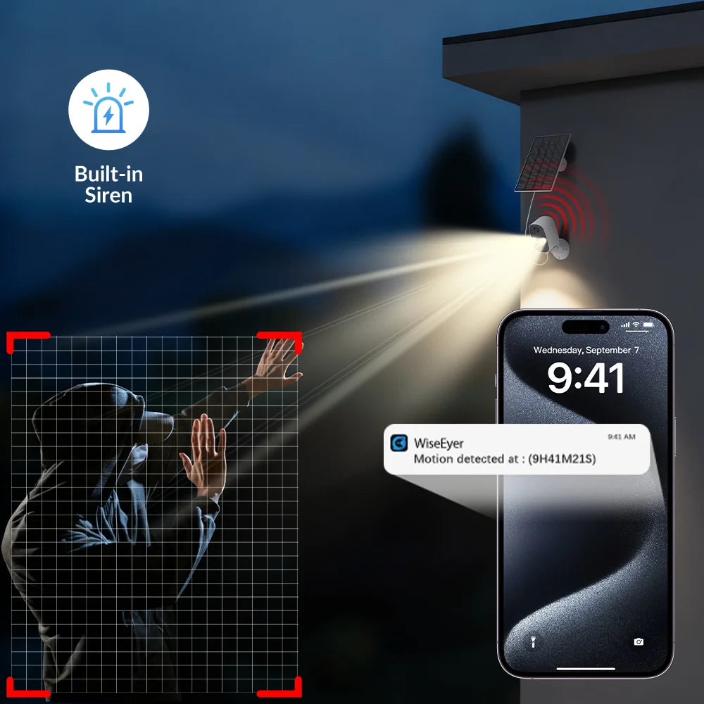 Cámara de seguridad solar WiFi 1080P para exteriores con visión nocturna y alertas