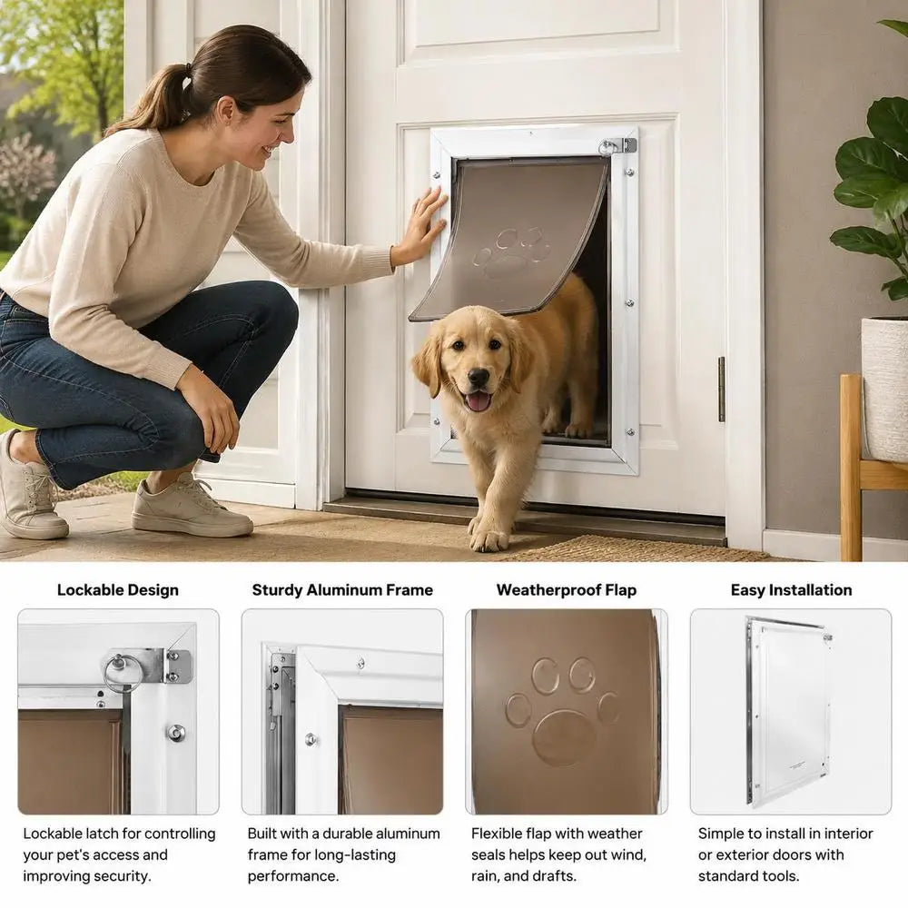 Pet Door/dog Flap Made Of Aluminum Frame With Lock And Flap System, 337 X 509 Mm, Weatherproof, Suitable For Cats, Dogs, And Kittens (White-L), Easy Installation