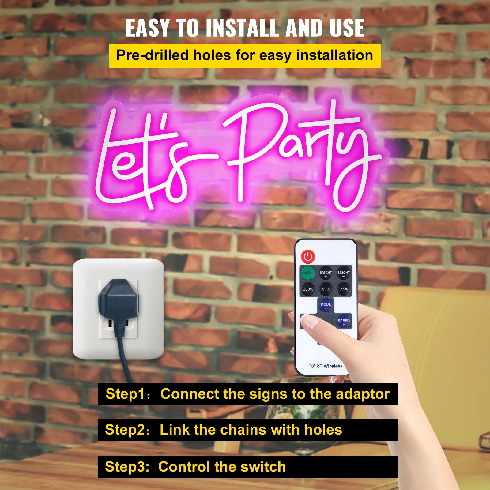 LED “Let’s Party” Neon Sign with Remote & Adjustable Brightness