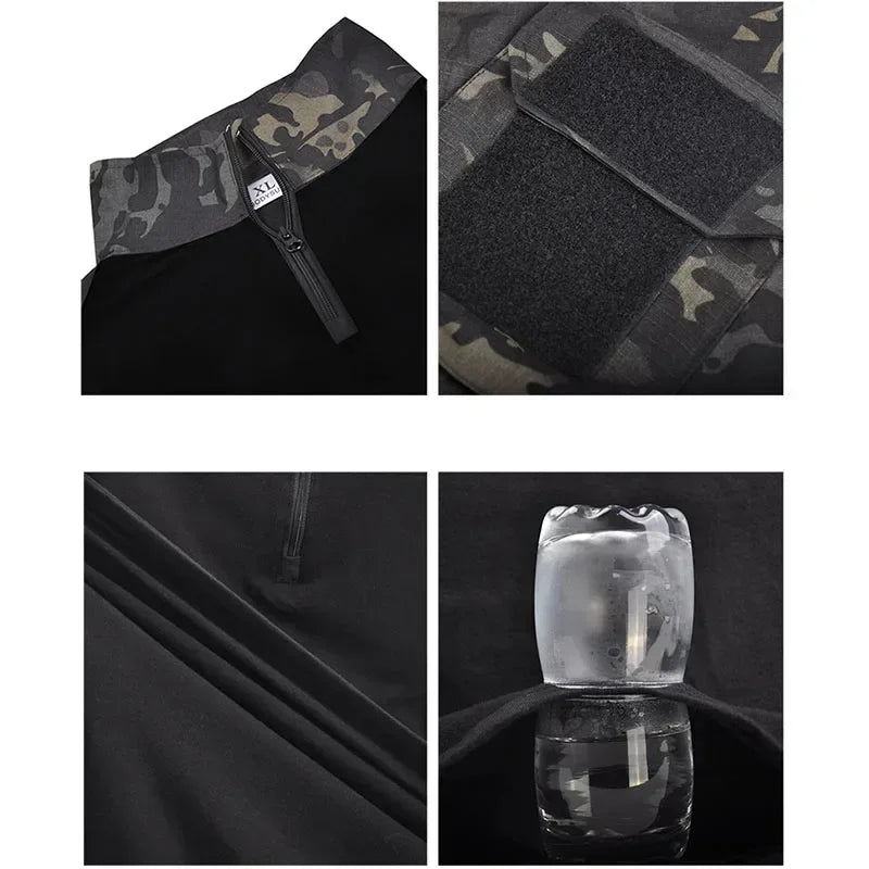 Black Camo Training Sets 1/4 Zipper Combat Tops Tactical Suits Hiking Pants Men Durable Shirts Multiple Pockets Wear-resisting