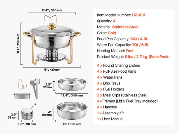 4-Pack Stainless Steel Chafing Dish Set with Full-Size Pans